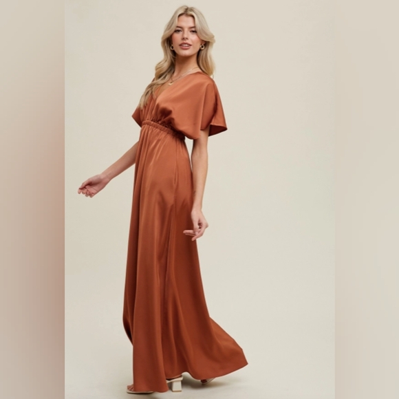 Deep-V Flutter Sleeve Satin Maxi Dress Copper Brown - Picture 4 of 4